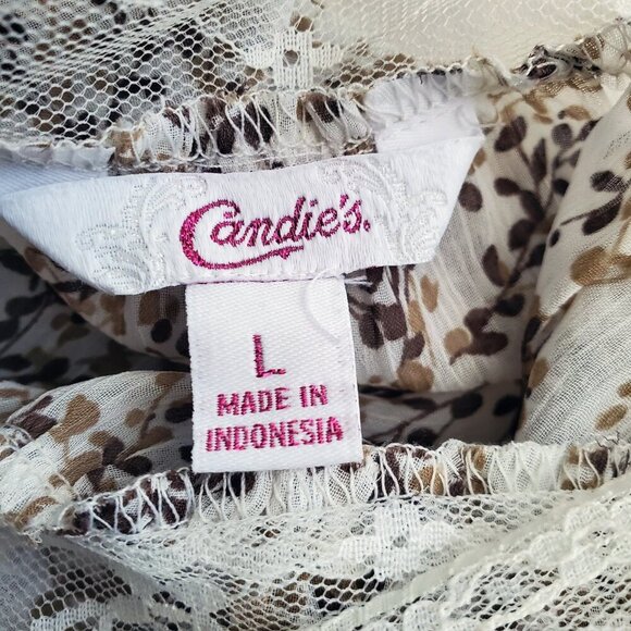 Candie's Cottagecore Floral Lace Trim Balloon Sleeve Semi sheer Peplum waist L - Picture 14 of 16